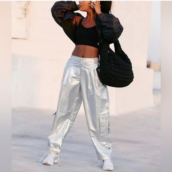 NWOT Free People Mesmerize Me Shine Pants in Silver $128  Small - Picture 6 of 13